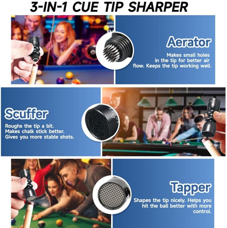 Vastarsky 3-in-1 Cue Tip Tool, Professional Pool Cue Tip Shaper, Billiard Pool Cue Accessories Tool, Scuffer, Shaper, Aerator
