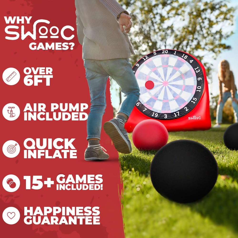 SWOOC Games - Inflatable Giant Kick Darts (15+ Ways to Play) - Jumbo Soccer Dartboard w/Air Pump - Big Carnival Games - Giant Outdoor Games - Oversized Dart Board Yard & Lawn Game for Kids & Adults