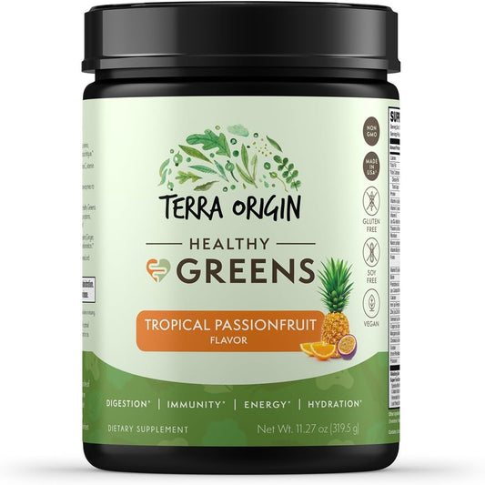 TERRA ORIGIN Healthy Greens Powder Supplement | Superfood Digestive Enzyme & Probiotic Blends | Immune, Gut, and Digestive Support for Women | Tropical Passion Fruit (30 Servings)