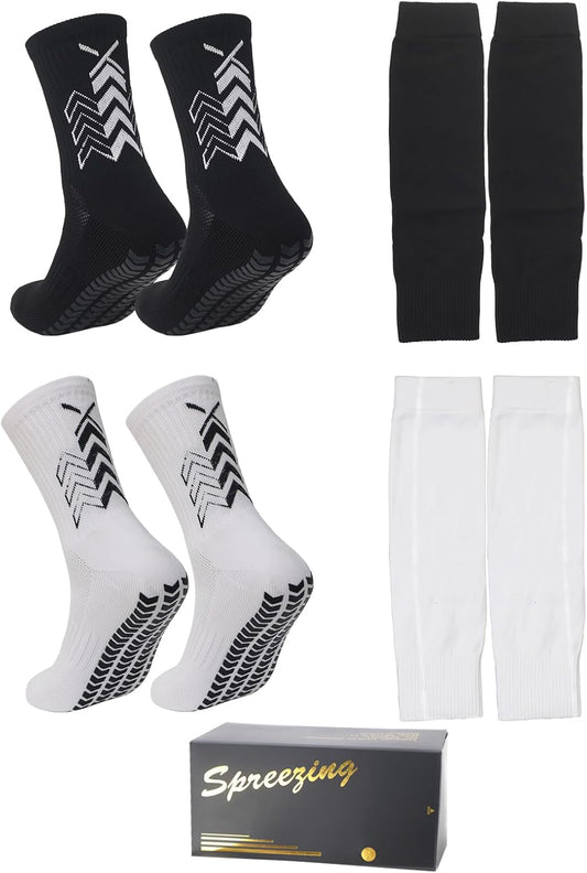Grip Soccer Socks with Shin Guard Sleeves Non Slip Soccer Leg Sleeve Socks for Men Women Black/White 2 Set
