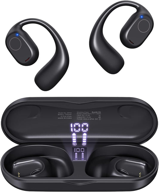 PSIER Open Ear Headphones, Bluetooth 5.3 Wireless Sports Headphones with Digital Display Charging Case 40 Hours Playtime True Earbuds with Earhooks for Running, Walking, Workout