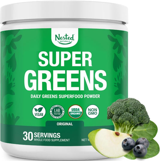 Nested Naturals Super Greens Daily Superfood Powder - Certified USDA Organic Green Powder w/20+ Whole Foods, Spirulina Powder,Wheat & Barley Grass - Probiotics, Fiber & Enzymes - Original Flavour, 30
