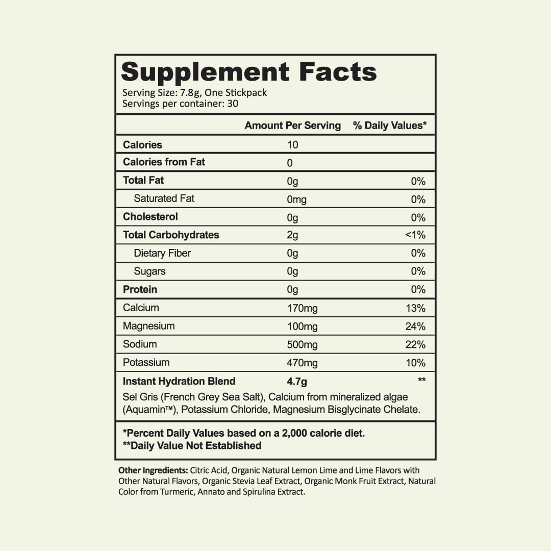 Instant Hydration Electrolytes Powder Packets - Lemon Lime Drink Mix - Zero Sugar - Keto, Vegan, Gluten-Free, Non-GMO - Boost Recovery, Brain Health, Muscle & Tissue Support- 30 Sticks