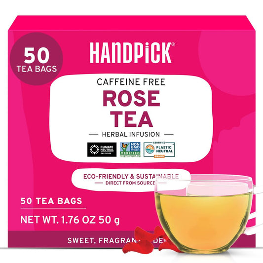 HANDPICK, Rose Buds Herbal Tea Bags - 50 Count | Caffeine Free Tulsi Tea with Chamomile & Rose Extracts | Floral & Smooth | Round Eco-conscious Tea Bags