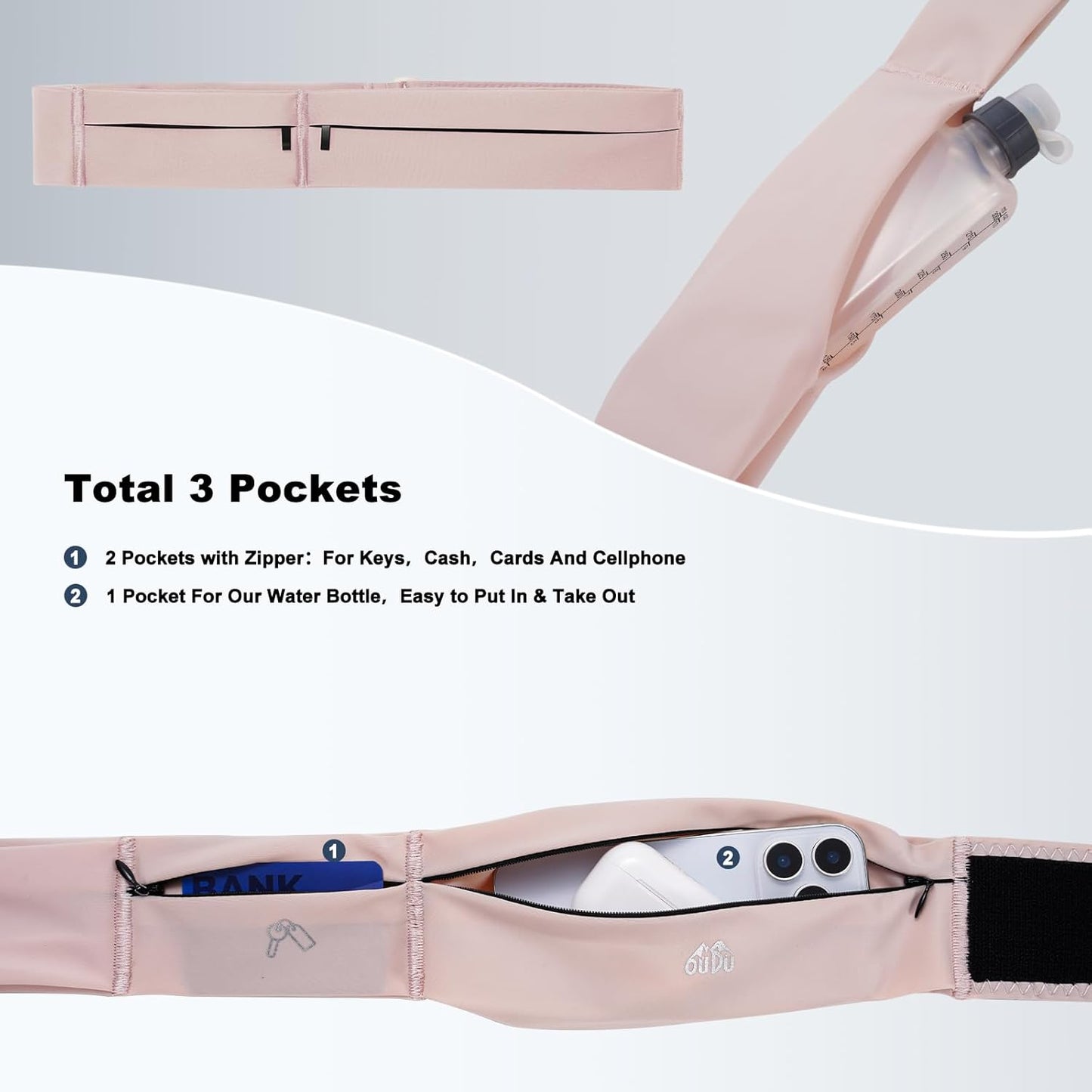 Running Belt for Women and Men, Water Proof Running Belts Fanny Pack with Water Bottle,Slim Hydration Running Bag Belts with Phone Bottle Holder Adjustable Fit for Runner (Pink, Large)