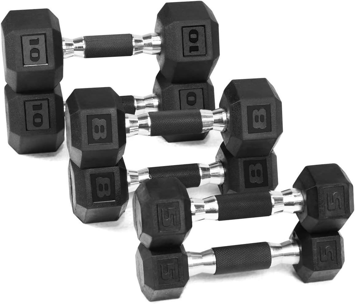 WF Athletic Supply Rubber Encased Hex Dumbbells with Rubber Grip Contoured Handle for Muscle Toning, Strength Building & Full Body Workout