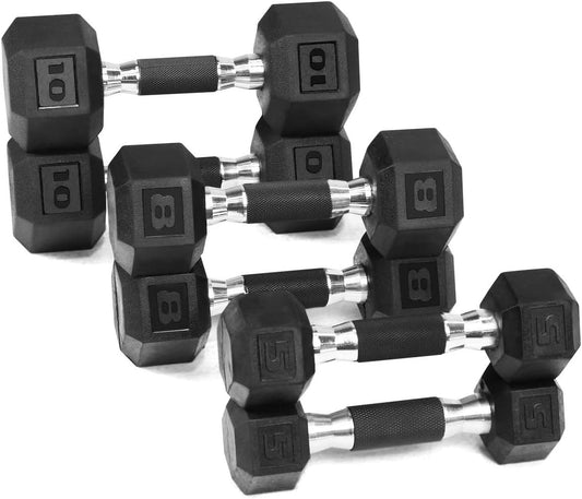 WF Athletic Supply Rubber Encased Hex Dumbbells with Rubber Grip Contoured Handle for Muscle Toning, Strength Building & Full Body Workout