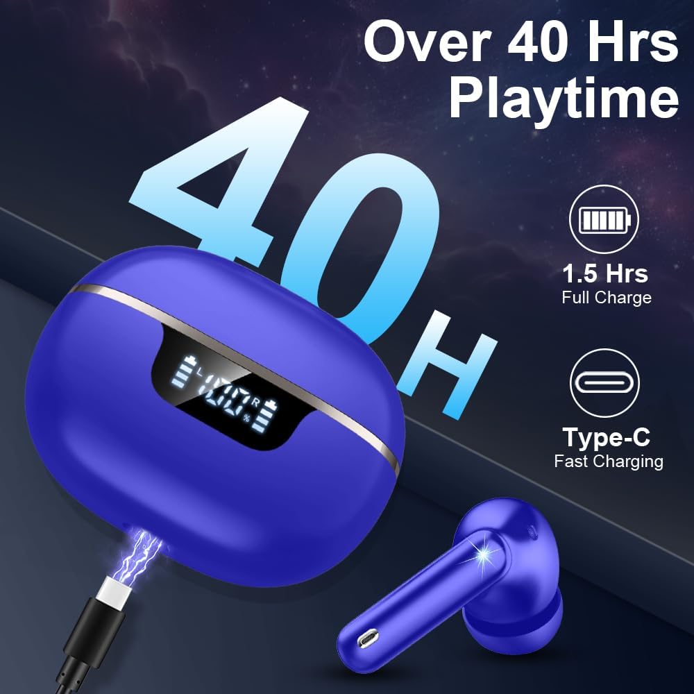 Wireless Earbuds Bluetooth 5.4 Headphones Noise Cancelling, 40H Playtime Bluetooth Ear Bud with Dynamic Drivers Stereo, Sports Earphones Wireless with LED Power Display for Laptop Pad Phones