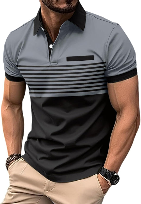 Men's Casual Polo Shirts Short Sleeve Fashion Golf Shirt Classic Striped Slim Fit T-Shirts