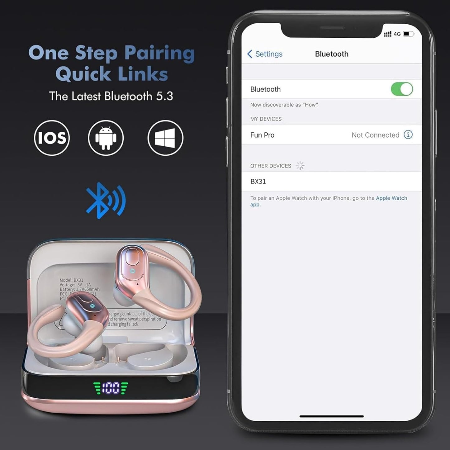 Wireless Earbuds Bluetooth 5.4 Headphones, Noise Canceling Ear Buds with 75hr Playtime, LED Power Display, IPX7 Waterproof Earphones Over-Ear Earphones for Sports/Workouts - Rose Gold