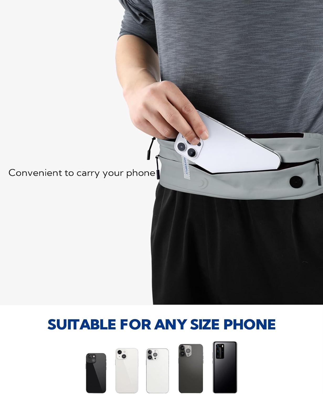 WATERFLY Running Belt Fanny Pack: Runner Marathon Jogging Waist Pack Sport Workout Exercise Fitness Phone Holder Belt for Men Women Jogger Slim Waistband