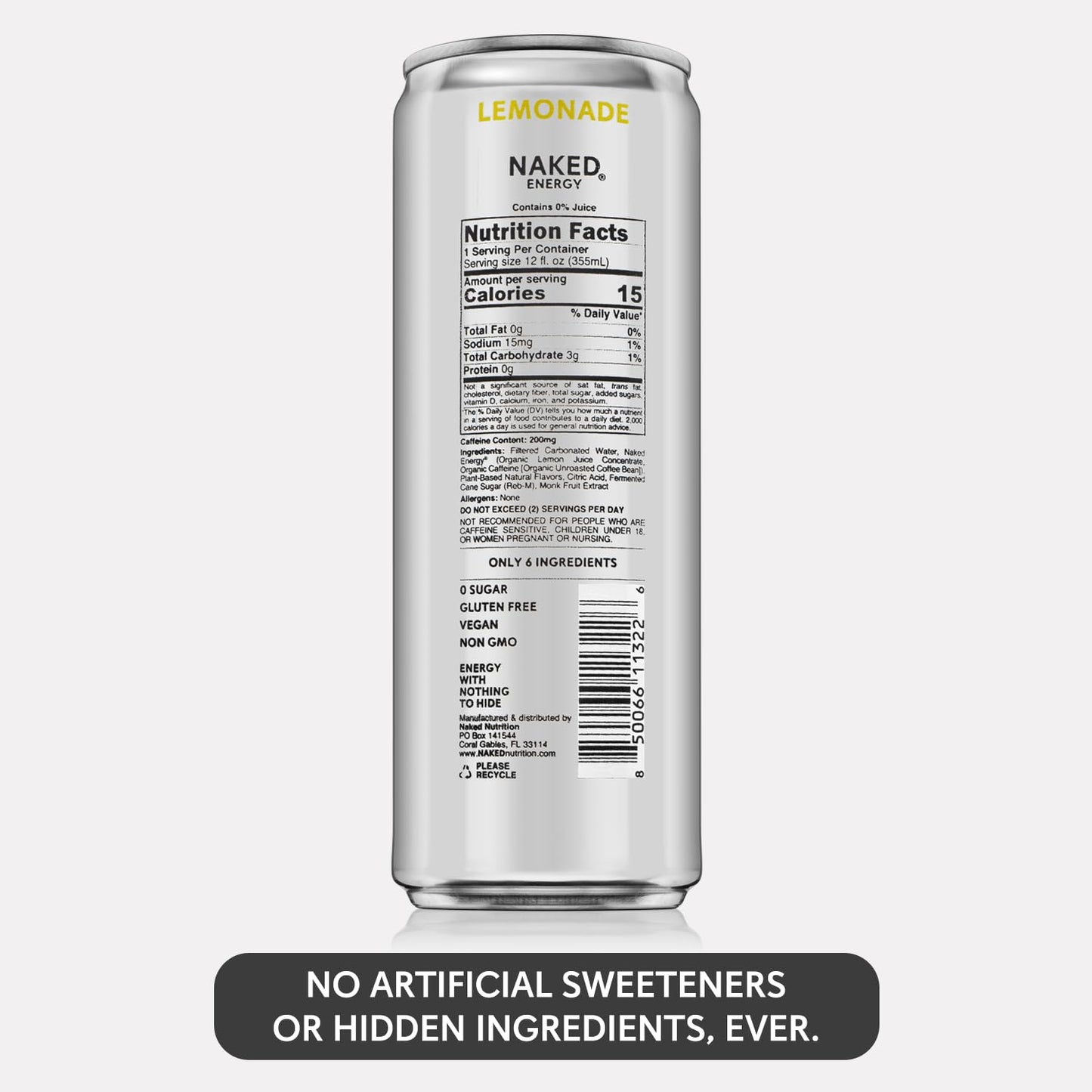 Naked Sparkling Energy Drink - Lemonade, Organic Caffeine, Organic Lemon Juice, Zero Sugar, No Sucralose, Naturally Sweetened, Natural Energy Drinks, Vegan, Gluten-Free, Non-GMO - 12oz Cans (Pack of 12)