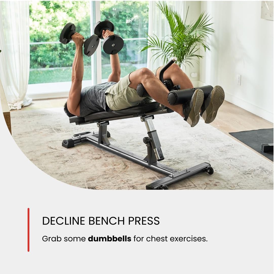 Finer Form Semi-Commercial Sit-Up Bench For Core Workouts and Decline Bench Press. Adjustable Weight Bench with Reverse Crunch Handle with 4 Adjustable Height Settings. Great Ab Workout Equipment