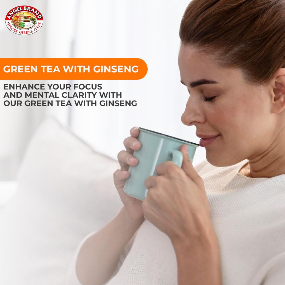 Angel Brand Green Tea with Ginseng Tea Bags 25 – Energizing & Rich Herbal Blend Created From Camellia Sinensis Plant Leaves & Ginseng Root - Enjoy Balanced Flavor & Rich Nutrients With Health Benefits