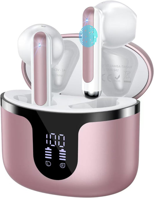Wireless Earbuds, 2025 Bluetooth 5.3 Headphones HiFi Stereo 50H Playback Ear Buds with Led Digital Display, ENC Noise Cancelling Earbuds for Laptop Computer, iOS, Android, Rose Gold