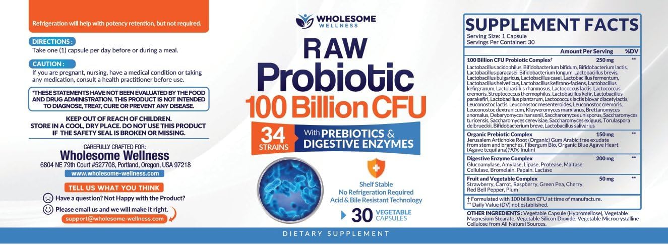 Wholesome Wellness Organic Raw Probiotics 100 Billion CFU, Dr Formulated for Women and Men, Complete Adult Supplement with Prebiotics and Digestive Enzymes; 30 Capsules, Shelf Stable