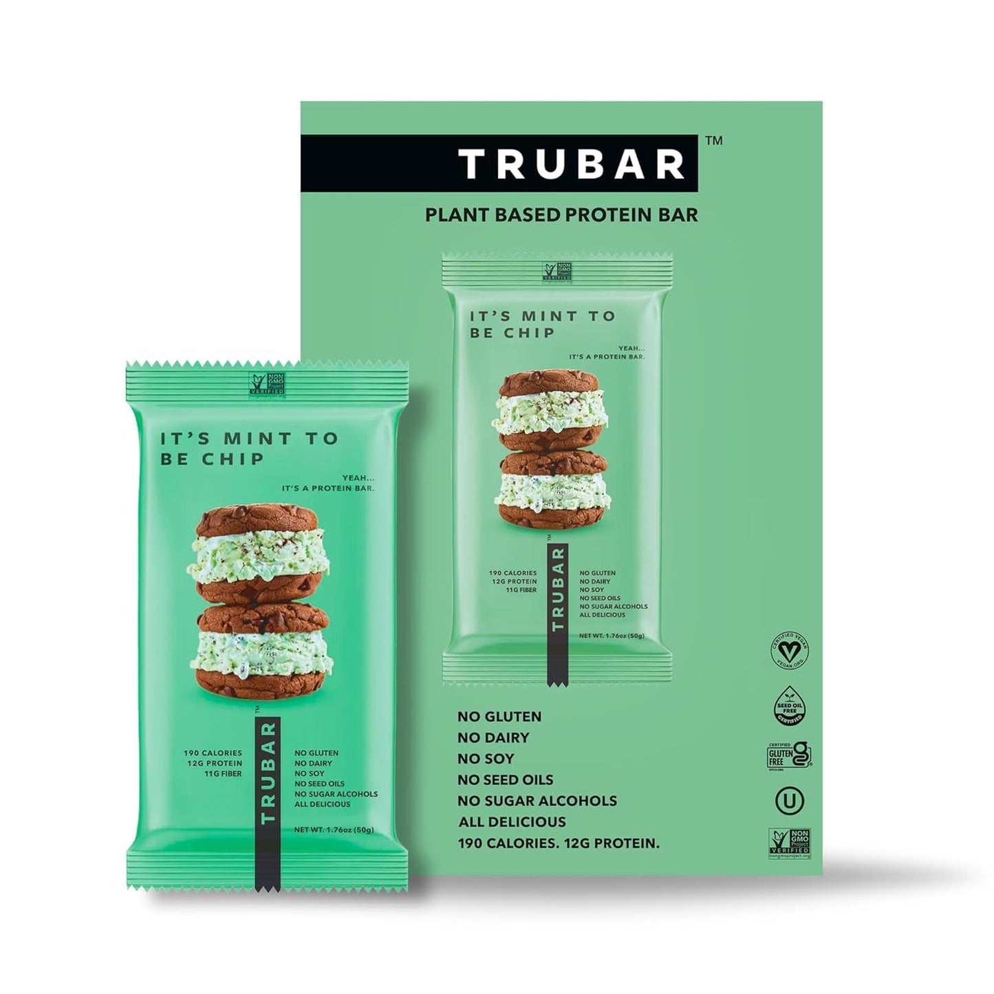 TRUBAR Vegan Protein Bar, It’s Mint to Be Chip, Gluten Free, Plant Based High Fiber, Dairy Free, Non GMO, Low Fat, No Sugar Alcohols, 12G Lean Protein, 13G Fiber, Healthy Snack Bars, 12 CT