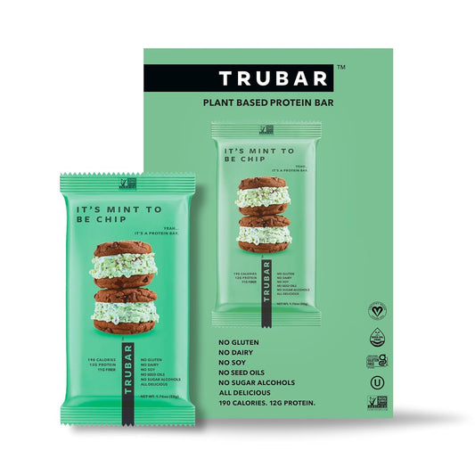 TRUBAR Vegan Protein Bar, It’s Mint to Be Chip, Gluten Free, Plant Based High Fiber, Dairy Free, Non GMO, Low Fat, No Sugar Alcohols, 12G Lean Protein, 13G Fiber, Healthy Snack Bars, 12 CT