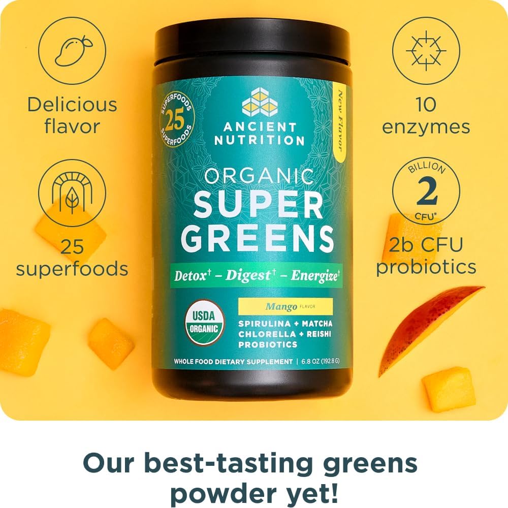 Ancient Nutrition SuperGreens Powder with Probiotics, Organic Mango Flavor Greens, Made from Real Fruits, Vegetables and Herbs, Digestive and Energy Support, 25 Servings, 6.8oz