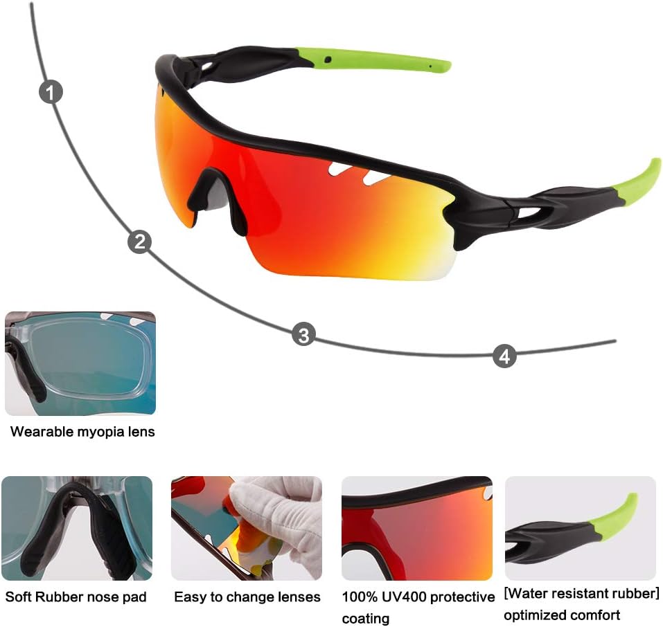 BangLong Polarized Sports Sunglasses Cycling Sun Glasses for Men Women with 5 Interchangeable Lenes for Running Baseball Golf