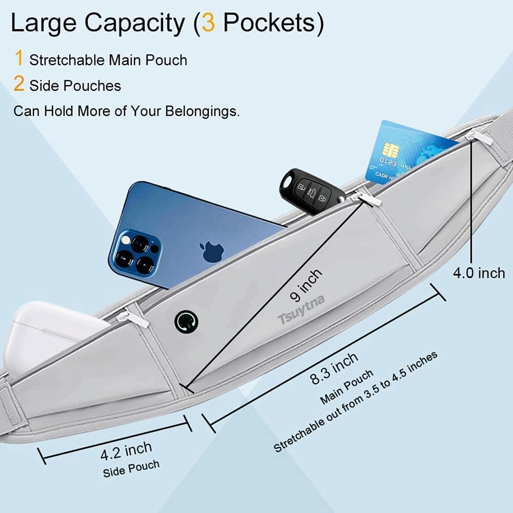 Running Belt for Women & Men - Slim Phone running belt with Water-Resistant Phone Holder, 3 pockets Adjustable Waist Strap, Reflective Safety Design for Running, Hiking, Travel，Fitness (Grey)