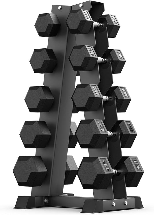 PAPABABE Hex Dumbbell Sets with Rack, 60-550lb Rubber Coated Dumbbell Weight Set and Storage Rack, Multiple Options Hand Weights for Strength Training