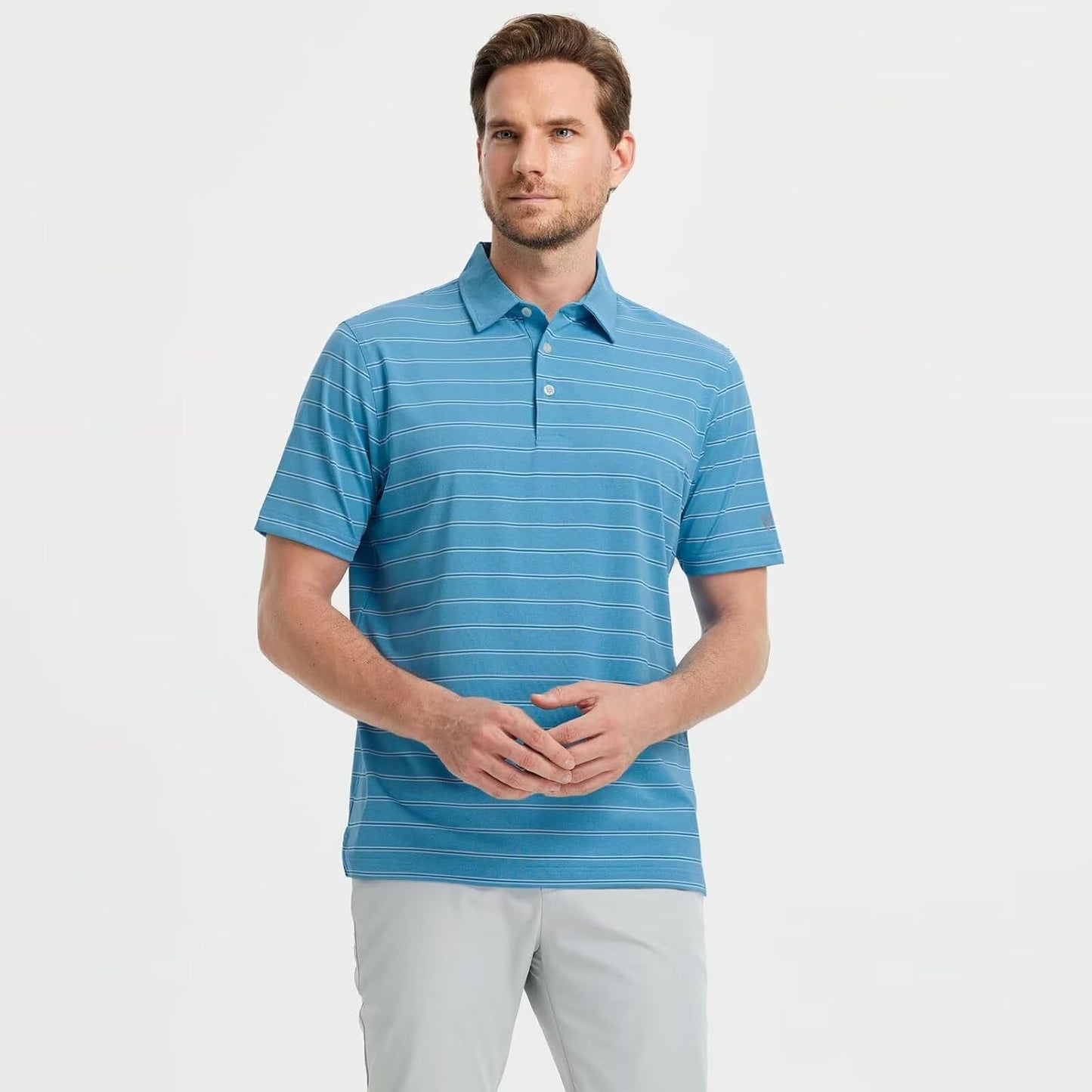 M MAELREG Golf Shirts for Men Moisture Wicking Striped Polo Performance Dry Fit Business Sports Mens Polo Shirts Short Sleeve