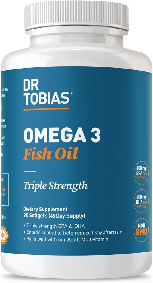 Dr. Tobias Omega 3 Fish Oil, 2000mg Triple Strength with 800mg EPA 600mg DHA Per Serving, Fish Oil Omega 3 Supplements for Heart, Brain & Immune Support, 90 Softgels, 45 Servings