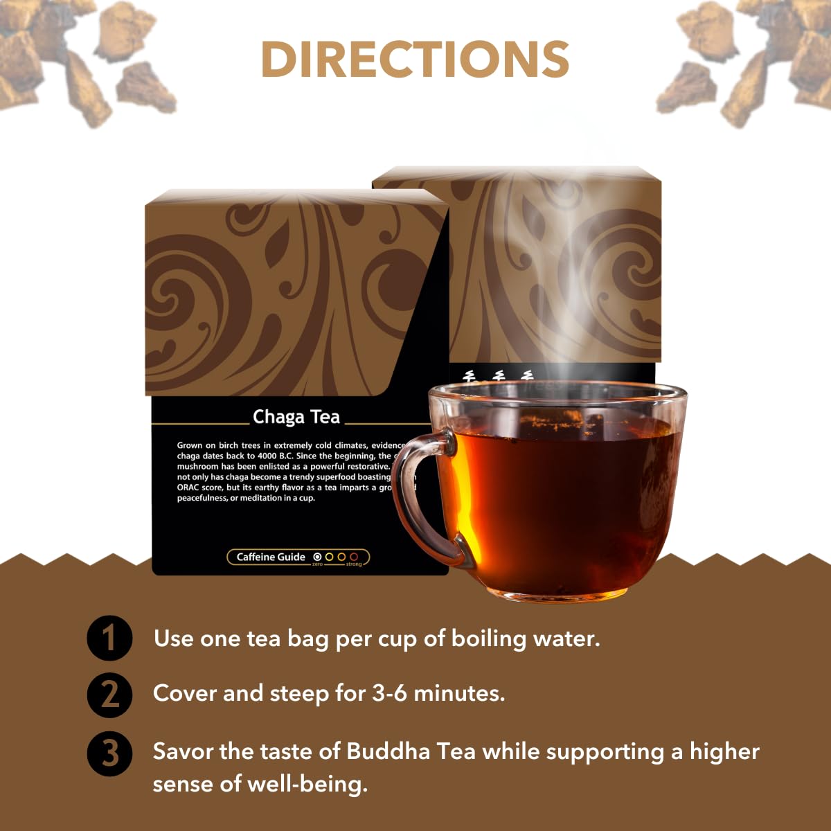 Buddha Teas - Chaga Tea - Organic Herbal Tea - For Cognitive Balance & Overall Health - With Chaga Mushroom, Antioxidants & B Vitamins - Caffeine Free - OU Kosher - 18 Tea Bags (Pack of 1)