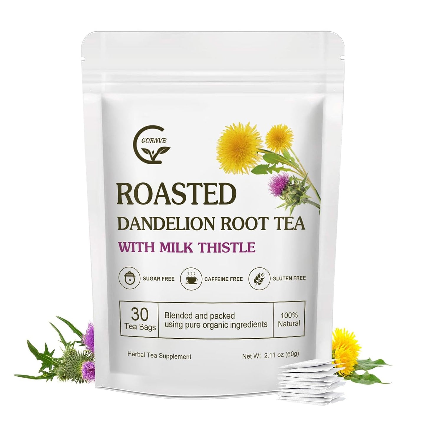 Organic Roasted Dandelion Root Tea with Milk Thistle Tea - Supports Kidney Function and Liver Function, 30 Tea Bags