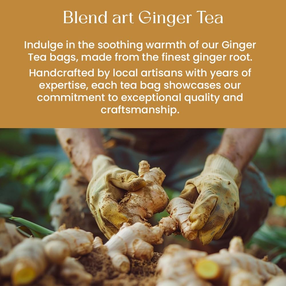 Blendart Ginger Tea Bags, 50 Tea bags - 100% Pure Ginger Root Tea Bag - Warm & Spicy Caffeine Free Ayurvedic Herbal Tea - Support Digestion & Boost Immunity Pyramid Teabags