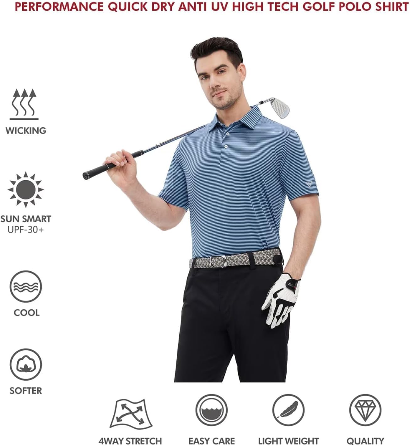 Men's Golf Polo Shirts Short Sleeve Striped Performance Moisture Wicking Dry Fit Golf Shirts for Men