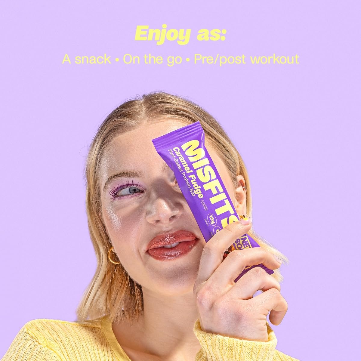 Misfits Vegan Protein Bars, Caramel Fudge - Updated Recipe | Plant Based, Low Sugar & Carb, High Fiber Snacks | Pack of 15