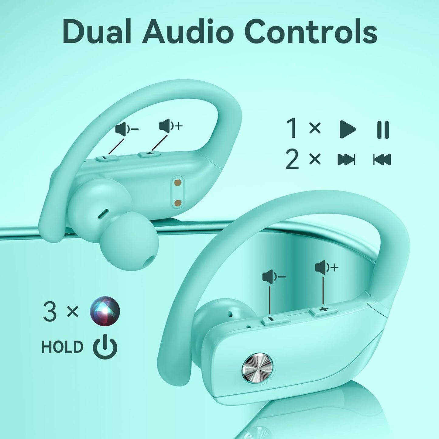 bmani Ear Buds Wireless Earbuds Bluetooth Headphones with 80H Playtime LED Display Case, Over-Ear Hook with Mic, Stereo Sound, Easy Button Controls, Sports Earphones for Running Workout Gym Mint Green