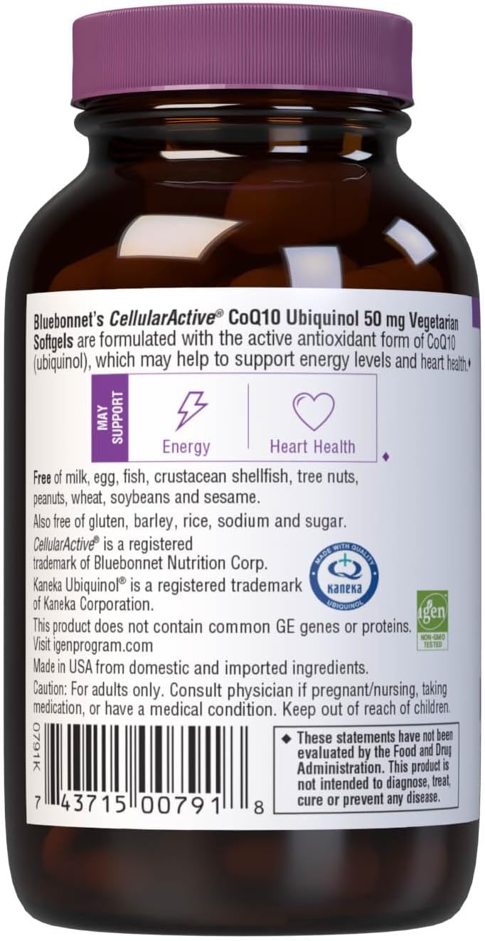 Bluebonnet Nutrition Cellular Active CoQ10 Ubiquinol 50 mg Vegetarian Softgels, Heart Health & Cellular Health, Ubiquinol from Kaneka, Non GMO, Gluten Free, Soy Free, Milk Free, 60 Vegetarian Softgels