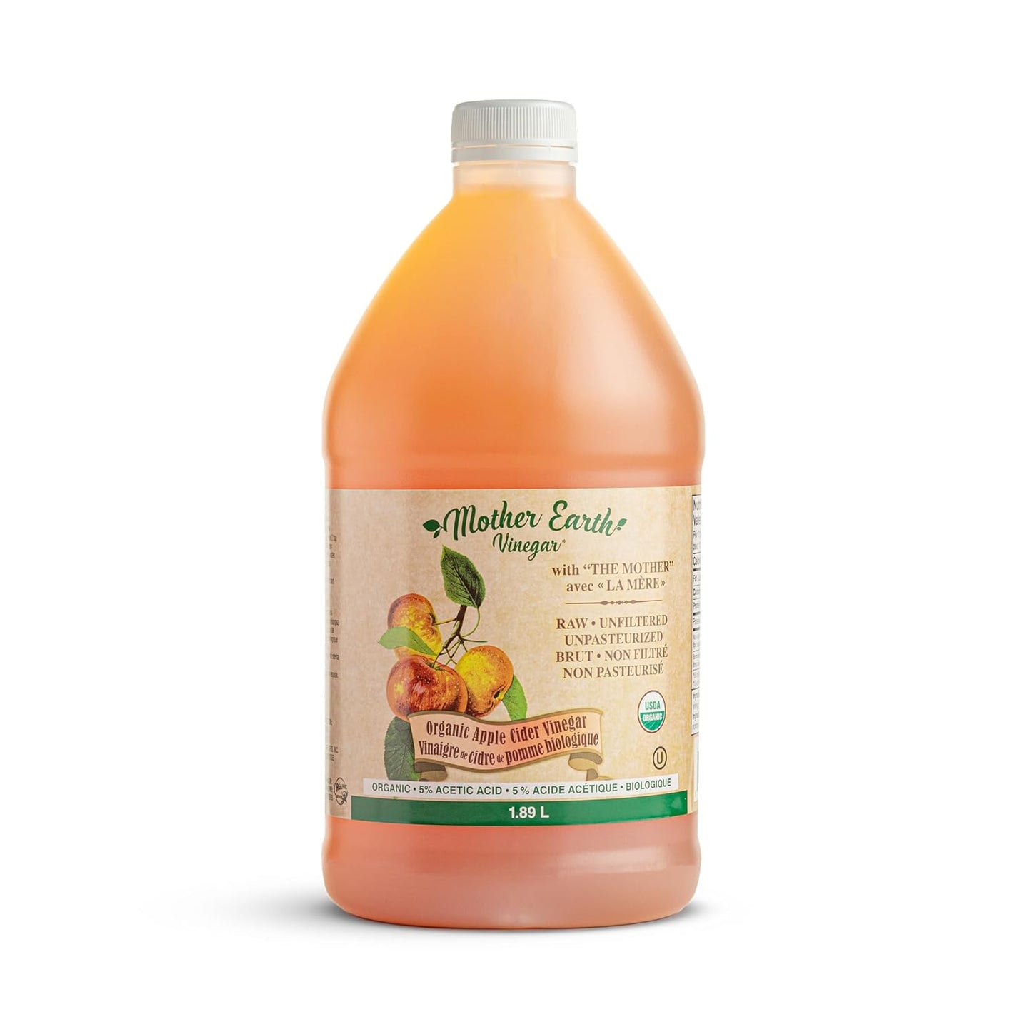 Mother Earth, Organic Apple Cider Vinegar with The Mother, Half Gallon, Fresh Pressed Organic Apples, OACV, ACV, Raw, Unpasteurized, Unfiltered (1/64oz Bottle)