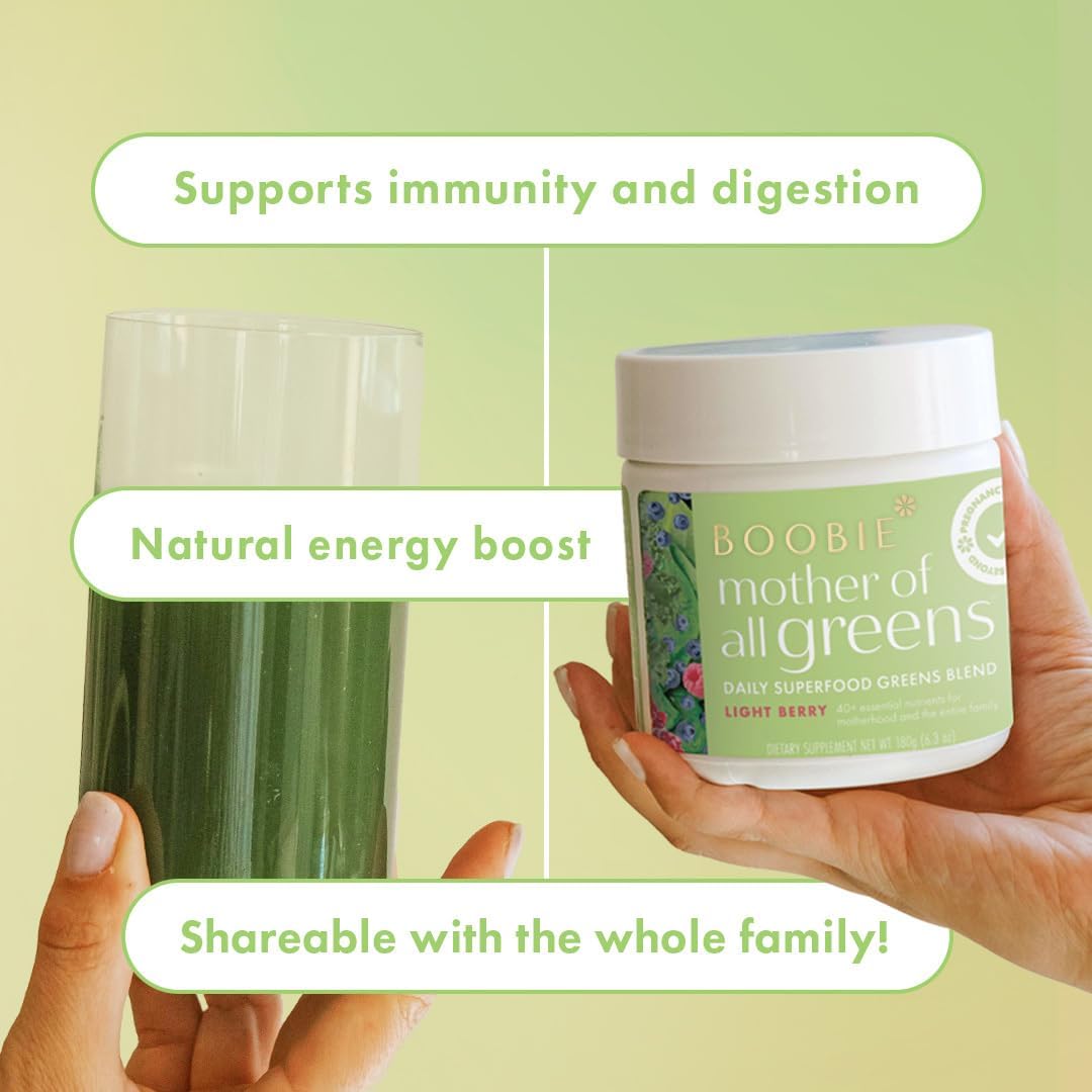 Boobie Mother of All Greens | Your New Family Ritual, Daily Super Greens Powder with 35+ Essential Nutrients for Moms & Families | Vegan, Gluten Free, & Sugar Free | Light Berry Flavor, 30 svgs