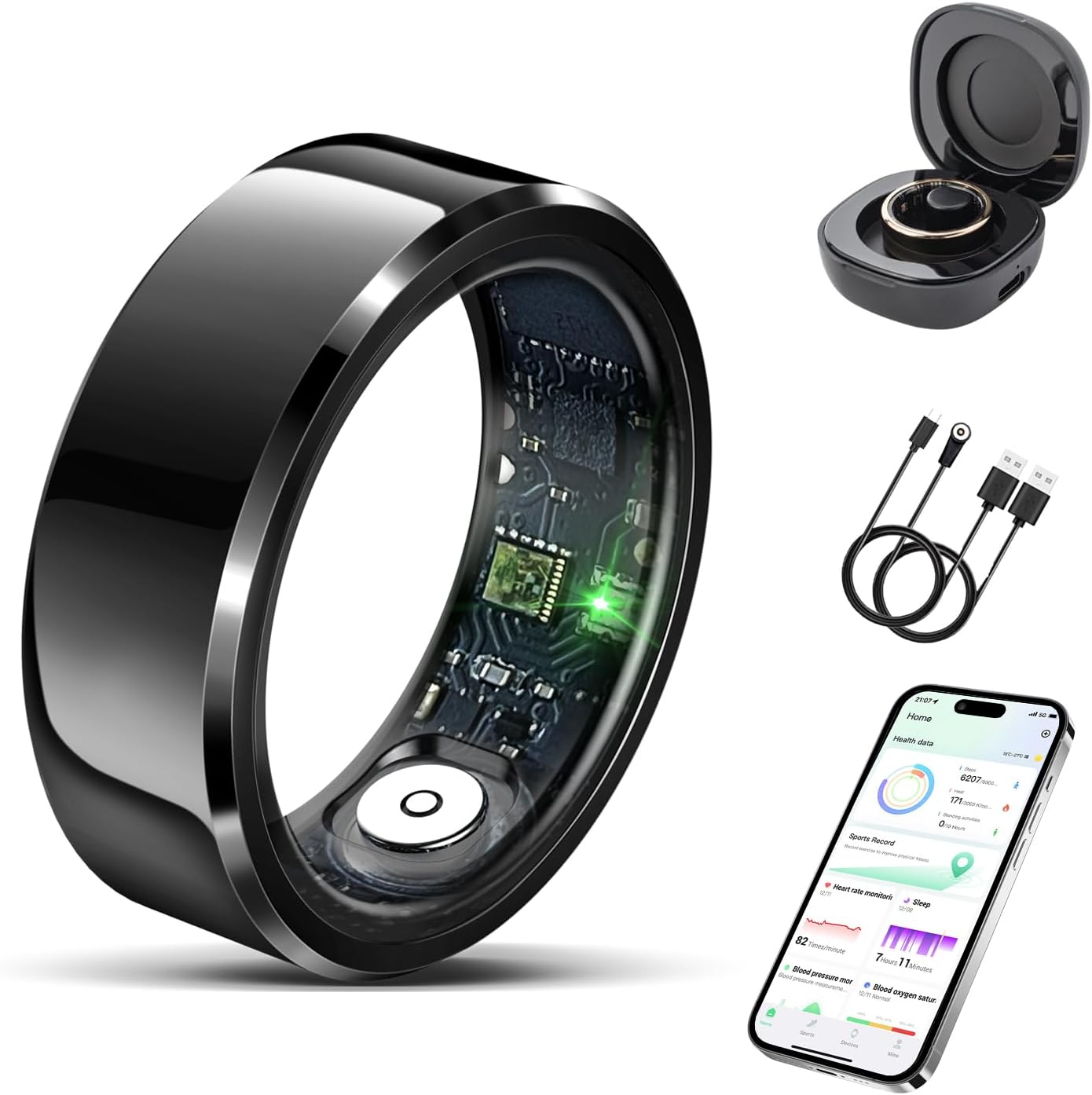 Smart Ring for Women Men-Wearable Fitness Tracker with Sleep Tracking Heart Rate Blood Oxygen Healthy Monitor Ring Activity Monitoring Steps Calories Black