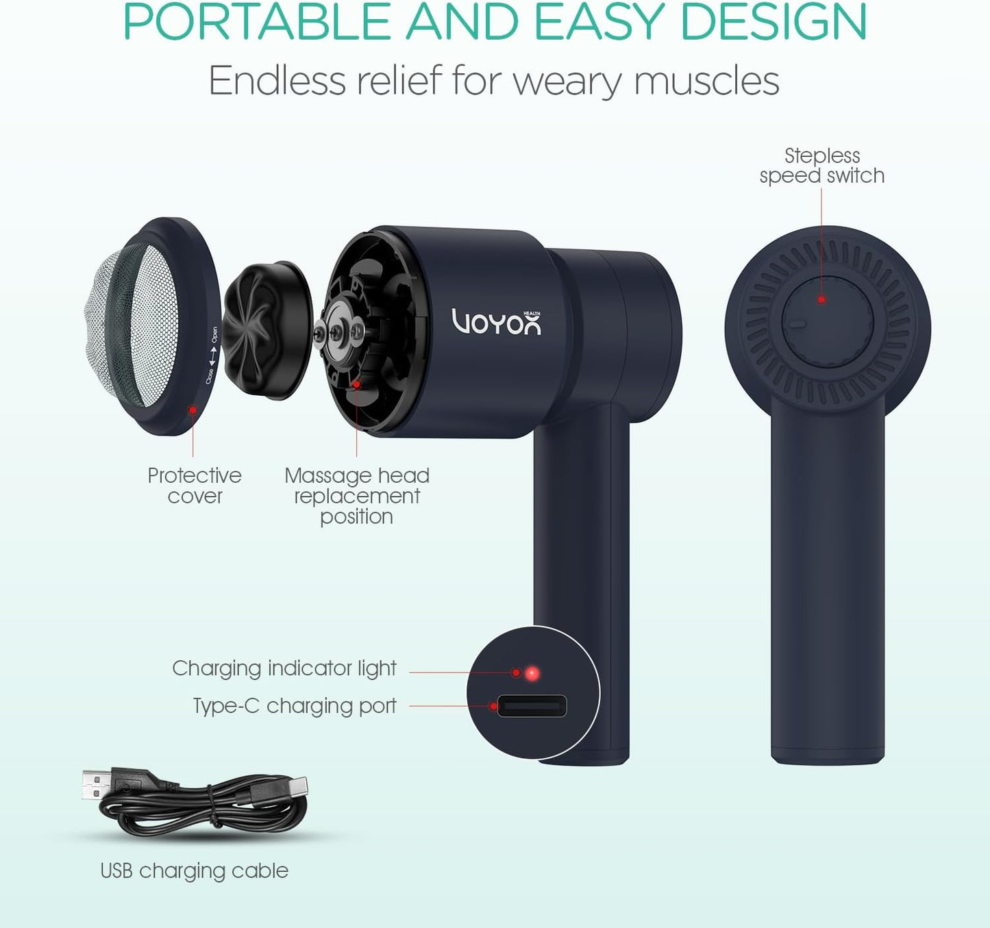 VOYOR-HEALTH Handheld Cellulite Massager, Electric Cellulite Remover Body Sculpting Massage with 5 Replaceable Heads for Arm,Thigh,Calves, Cordless & Rechargeable Deep Tissue Massager CM410 (Blue)