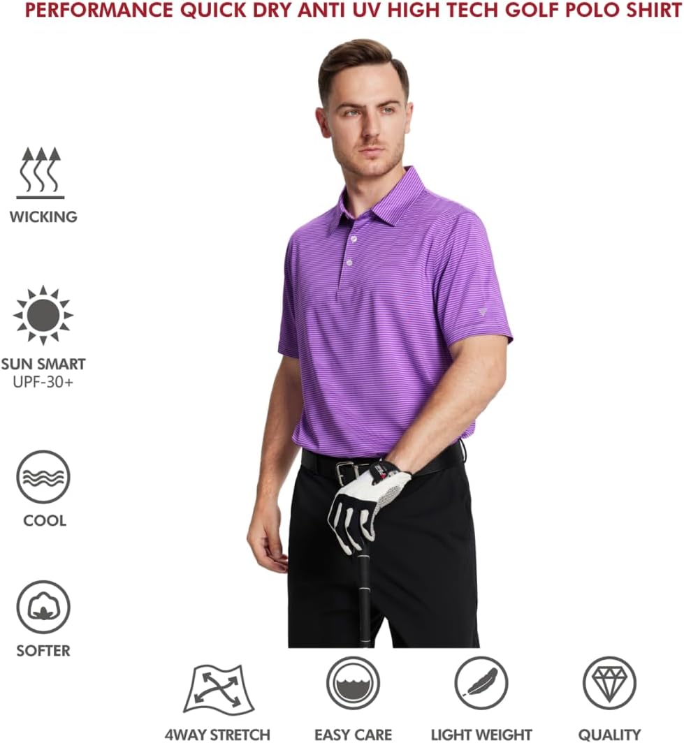 Men's Golf Polo Shirts Short Sleeve Striped Performance Moisture Wicking Dry Fit Golf Shirts for Men