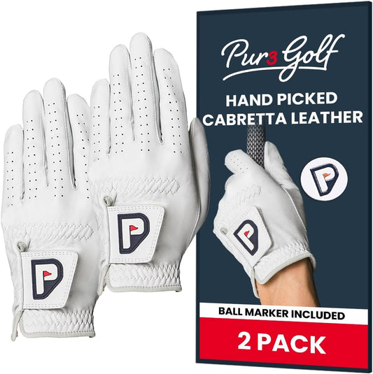PUR3 2 Pack Golf Gloves Men | Real Genuine Cabretta Leather Glove - Super Soft Feel - Ball Marker Included - Mens Golf Gloves Left Hand or Right Hand