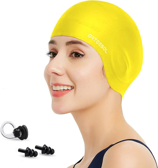 Swimming Cap, Silicone Swim Cap for Women Men, Durable Non-Slip Waterproof Swim Cap Protect Ears, Long Hair for Adults, Older Kids