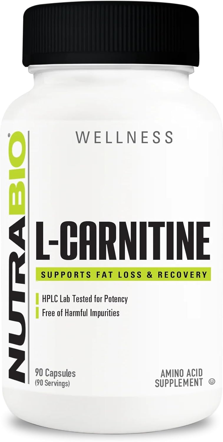 NutraBio L-Carnitine Capsules – Fat Burner for Energy, Endurance & Recovery – Boost Fat Metabolism, Support Weight Loss & Workout Performance – Amino Acid Supplement- 500mg, 90 Capsules
