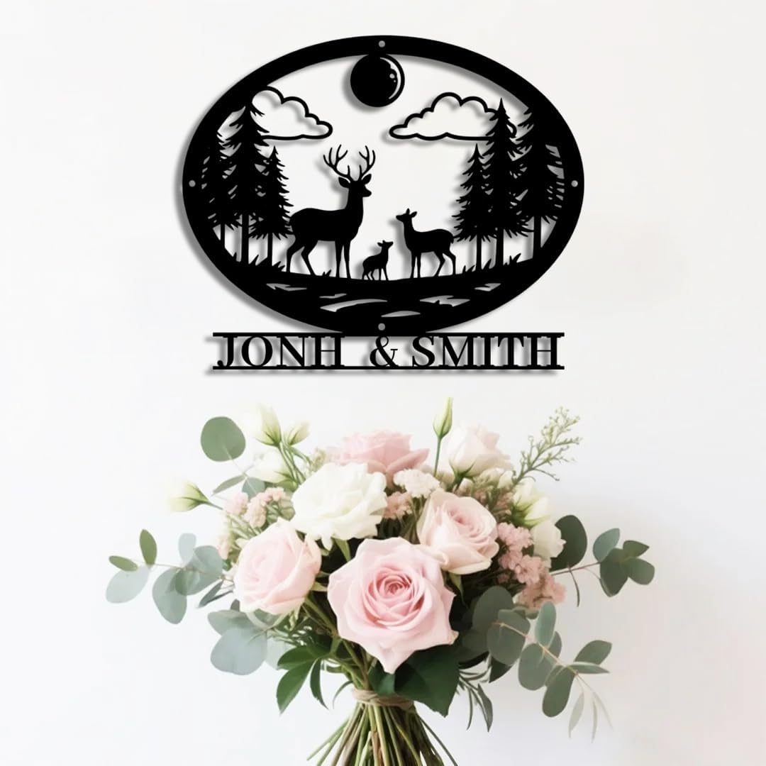 Personalized Forest Deer Metal Name Sign | Custom Metal Signs | Family Wall Art & Split Letter Name | Wedding Gift & Anniversary | Indoor Decor Gift for Women, Men, Wife, Parents, Couple