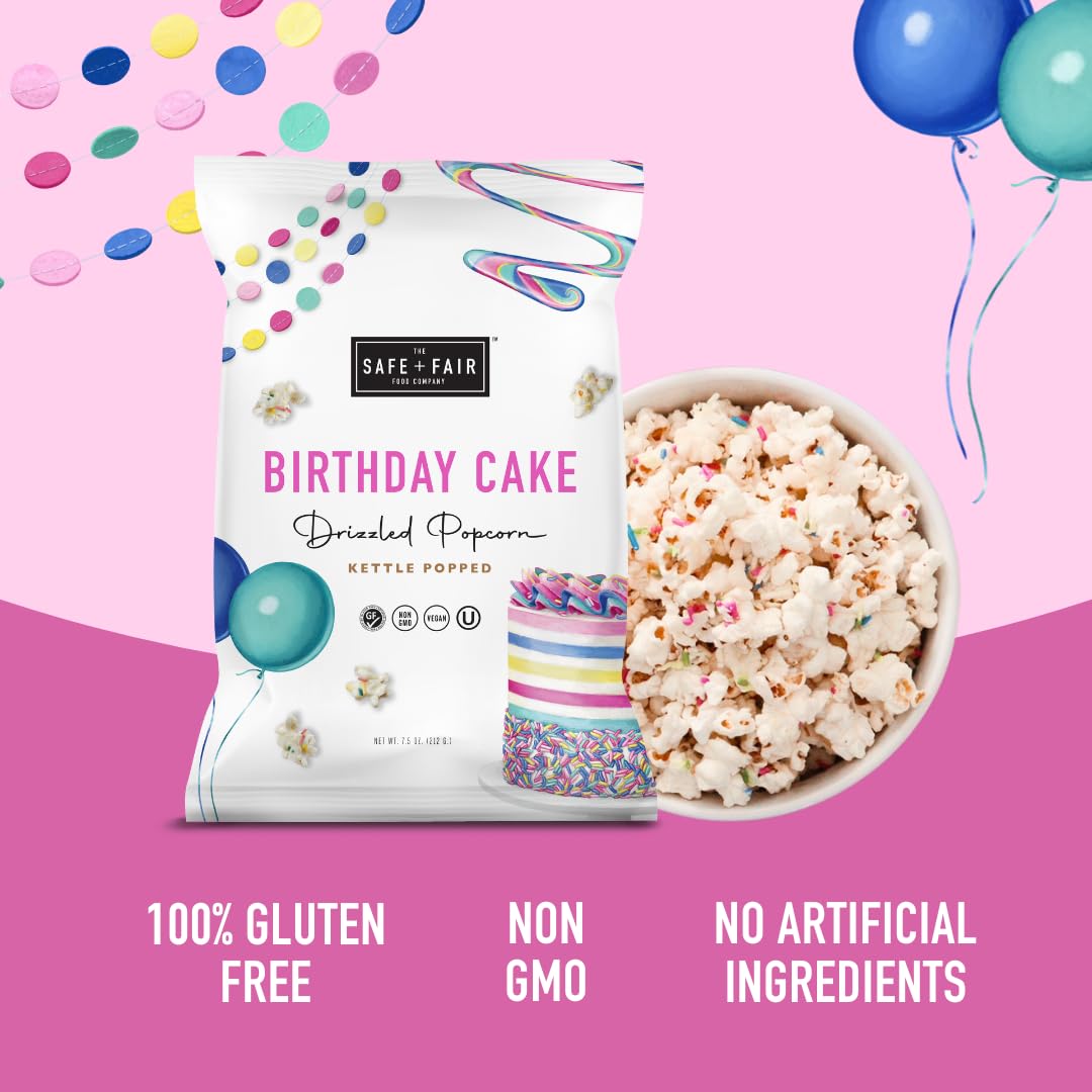 Safe + Fair Birthday Cake Drizzled Popcorn - Gluten-Free, Dairy Free and Vegan Snack - Free From Top 9 Allergens and Artificial Ingredients – Non GMO, Plant Based Kettle Popped Corn, 5.5oz, 6 Pack