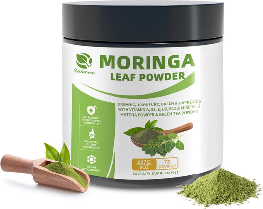 Organic Moringa Powder & Matcha Powder, Multi-Green Superfoods with Green Tea Resveratrol - Energy and Digestive Support, Rich in Antioxidants and Vitamin A D3 E B6 B12 Calcium, Non-GMO, Vegan, 8 oz