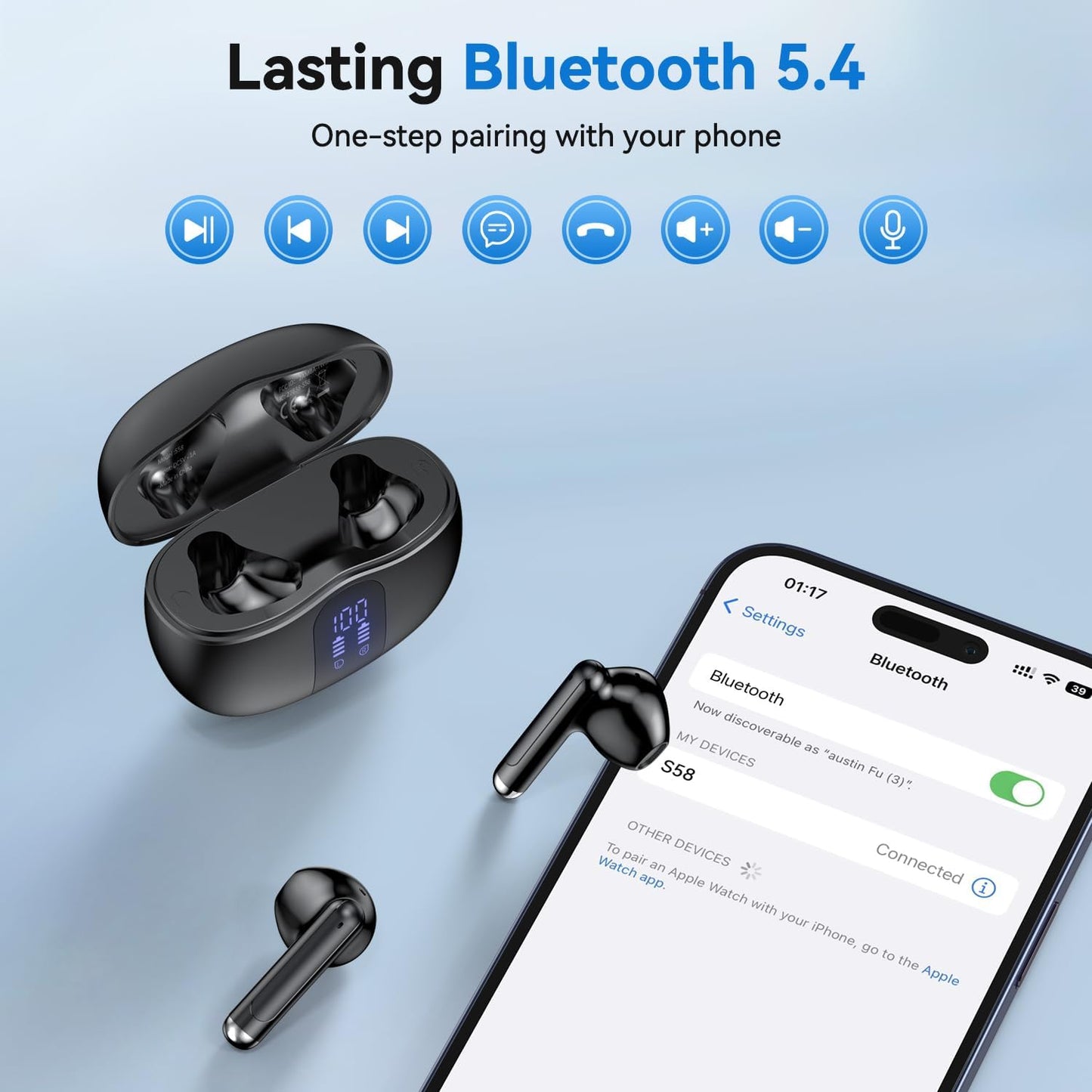 Wireless Earbuds, 2025 Bluetooth 5.4 Bass Stereo Headphones with 4 ENC Mic, 50H Playback Ear Buds with Charging Case LED Display,Sport Earphones IPX7 Waterproof for Phone, Android, Pad, Black