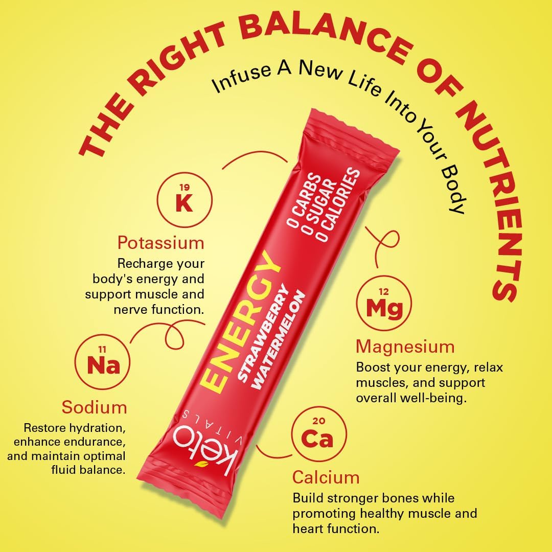 Keto Vitals Electrolyte Energy Drink Powder Packets - Electrolyte Supplement for Energy and Rehydration - Strawberry Watermelon Keto Powder Packets, 30 Count