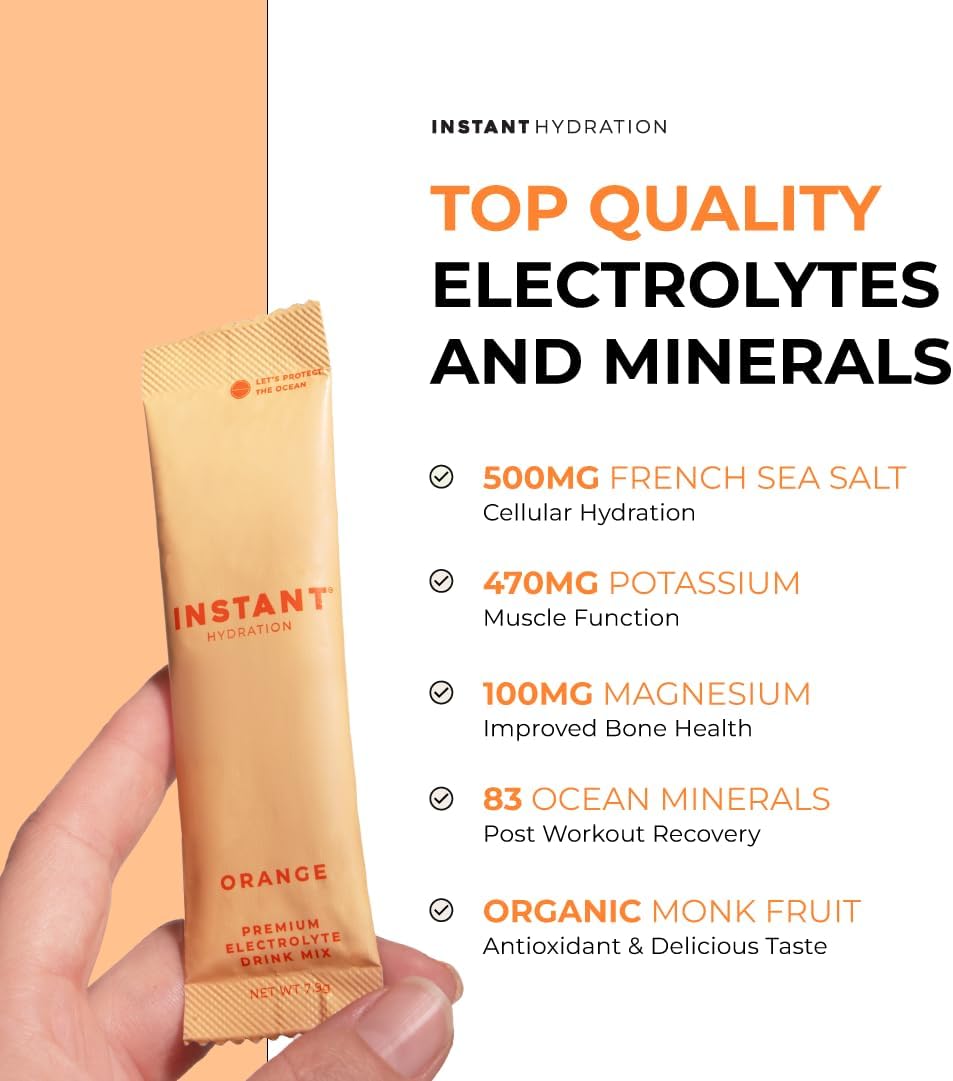 Instant Hydration Electrolytes Powder Packets - Citrus Orange Drink Mix - Zero Sugar - Keto, Vegan, Gluten-Free, Non-GMO - Boost Recovery, Brain Health, Muscle & Tissue Support- 30 Sticks