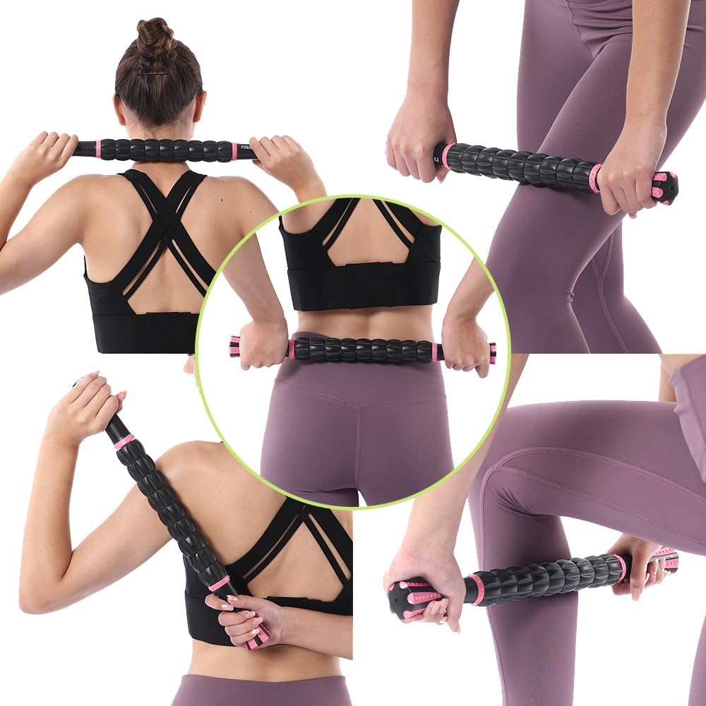 Muscle Roller Stick for Athletes, Massage Roller to Reduce Muscle Soreness, Cramping & Tightness - Legs, Arms, Back & Calves (Black Pink- 18 inch)